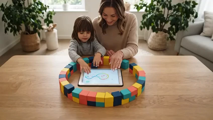 Toyclub concept: a parent and child exploring colourful blocks together